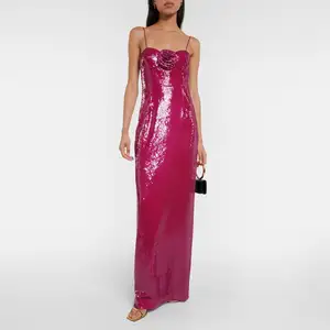 New Design Elegant Gala Dress Sequin Spaghetti Strap 3D Flower Slip Evening Maxi Dress Party