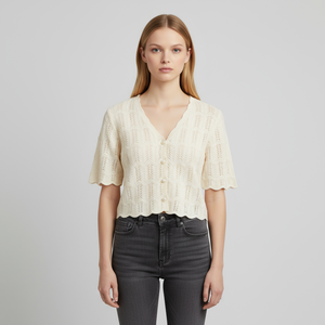 Women's Casual Vintage Solid Computer Knitted Embossed Breathable Spring Regular <strong>Length</strong> Thin Hollow V-neck Cotton <strong>Full</strong> <strong>Cardigan</strong> - Product Image 1