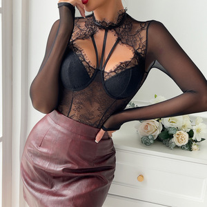 New <b>Long</b> <b>Sleeve</b> Eyelash <b>Lace</b> One Piece <b>Bodysuit</b> Sexy Breathable Hollow Out Lingerie Set - Product Image 4