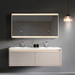 Meuble-lavabo de salle de bain moderne en bois avec vasque en céramique Armoire à miroir étanche à LED et <span class=keywords><strong>placard</strong></span> pour appartement et hôtel - Product Image 5