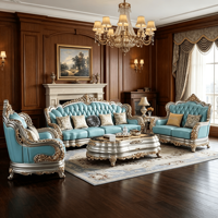 Ensemble de canapés modernes avec dossier capitonné, meubles de salon, canapé sculpté à la main en cuir bleu clair, argenté et doré, avec cadre incurvé