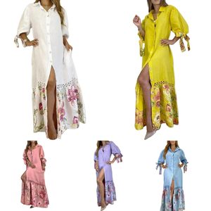Vestido Largo Estilo Camisa con Mangas 7/8, de Algodón <span class=keywords><strong>y</strong></span> Lino, con Cordones <span class=keywords><strong>y</strong></span> Estampado Floral, Corte en A, Casual, para Otoño - Product Image 1