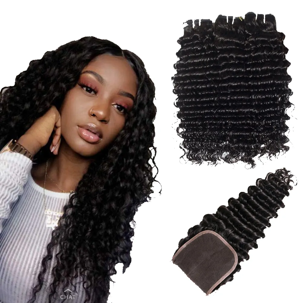 Uniky 3 bundle human hair deep curly virgin hair 3 bundles 10a brazilian curly bundles with lace closure