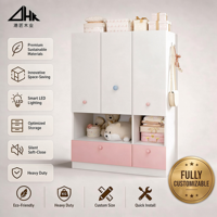 Armoire en bois pour enfants, trois portes, armoire de rangement, rose et blanc, meubles de chambre d'enfant, meubles de maison