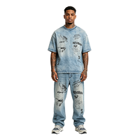 Jeans Raging Poly Graffiti Denim brodés, effet déchiré, style Y2K Hip Hop, coupe droite, haute qualité, pour hommes et femmes