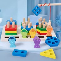 Jouet éducatif Montessori en bois 3D 2-en-1 pour l'éveil précoce, avec 6 jeux de colonnes de pêche et blocs de construction, pour l'association des couleurs et des formes, pour enfant