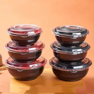 550ml 700 1000 ml Rojo Negro Ramen Tazón redondo para llevar Cuencos de ramen japoneses desechables Envasado de alimentos con tapa OPS Horno microondas