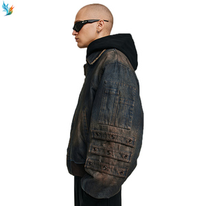 Chaqueta Bomber Vaquera de Hombre con Cremallera, Estilo Vintage, Lavado Desgastado, con Múltiples Botones y Mangas con Correa, Talla Grande - Product Image 3