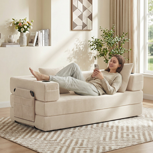 Contemporary Two-Seater Convertible Sofa Bed, Vacuum Packed Boucle Leisure Couch with Built-in Cup Holders - Product Image 3