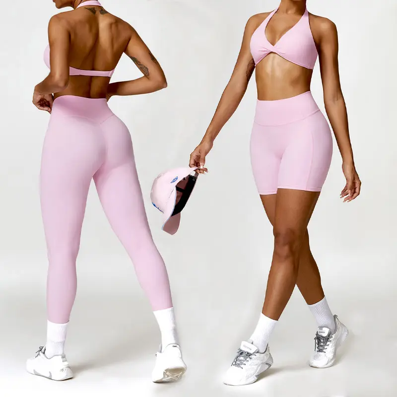 2024 New Design Yoga Sets 3 Pieces Active Wear Suits Sport Bra Yoga Shorts Leggings Sets Workout Yoga Sets Fitness For Women