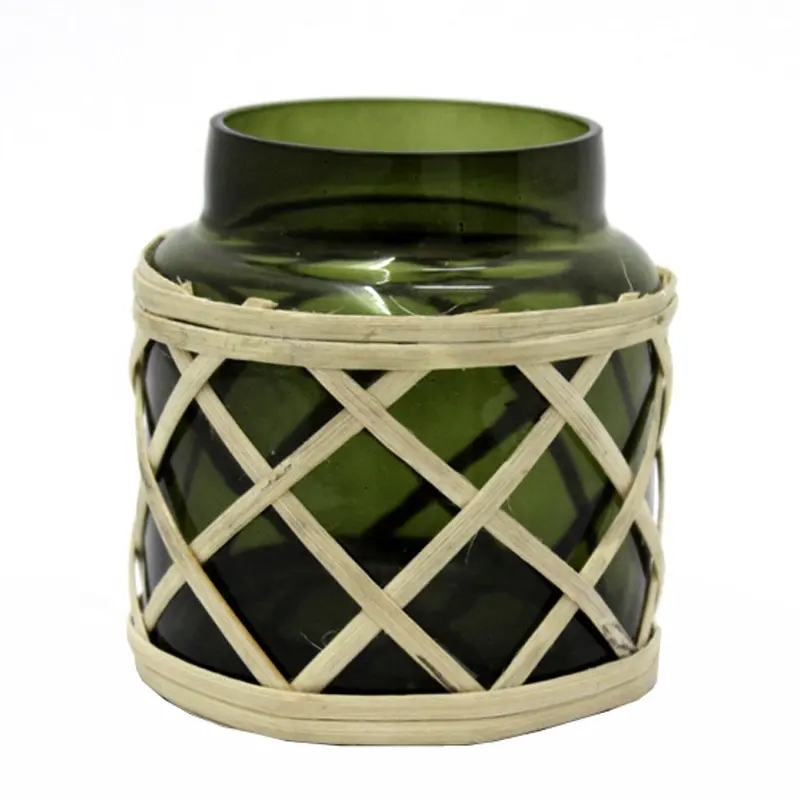 Vente en gros de canne en vrac et de verre de forme ronde de couleur verte pot de créateur de style moderne fait à la main en vrac