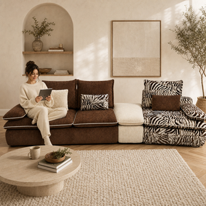 Set Divano Tre Pezzi con Pouf Crema e Poltrona con Stampa Zebrata, Divano Marrone, Arredamento per Salotto, per Importatori e <span class=keywords><strong>Rivenditori</strong></span> - Product Image 3