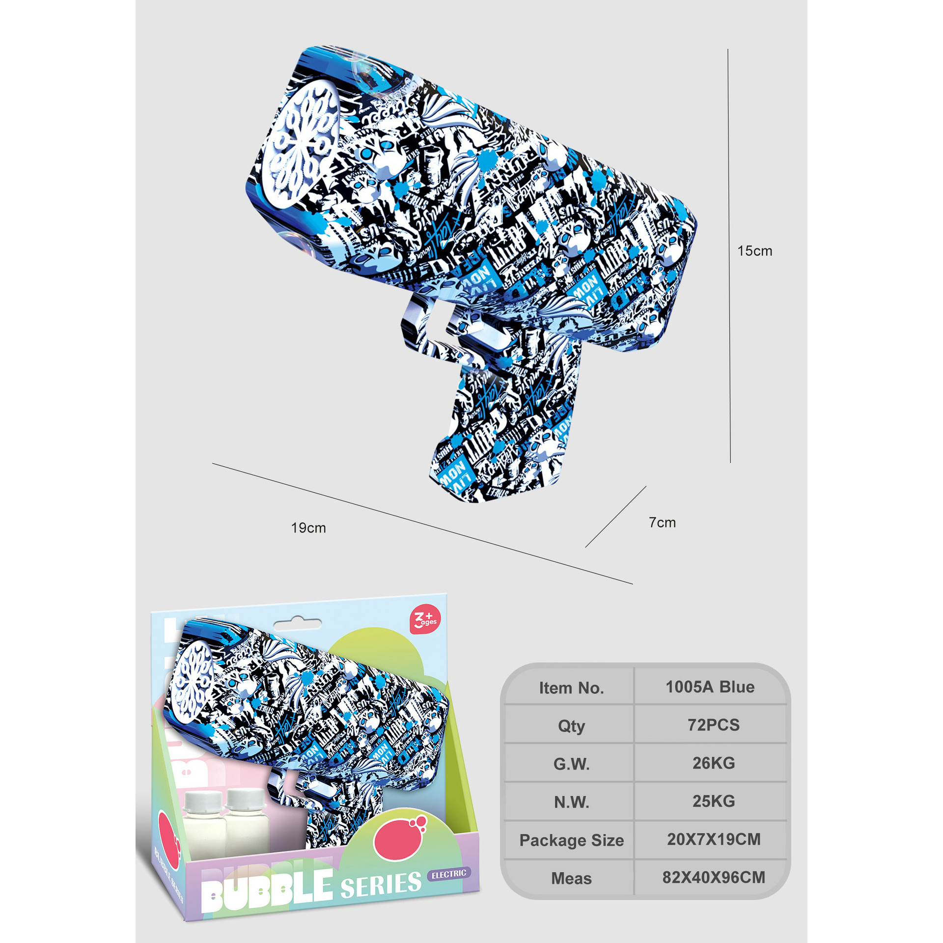 Pistolet à bulles graffiti bleu, 40 ml d'eau * 2, boîte de présentation
