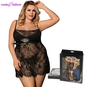 Luxury packaging erotic black see through babydoll night dress women lace lingerie set dress plus size women's sleepwear