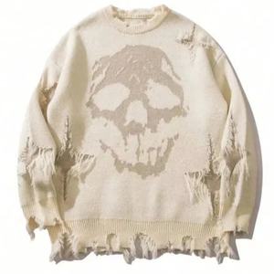커스텀 로고 OEM 해골 프린트 크루넥 빈티지 남성 루즈 니트 탑 점퍼 디스트레스드 디자인 하이 스트리트 풀오버 니트 스웨터 - Product Image 1