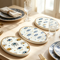 Vente en gros de dessous-de-plat en céramique œil porte-bonheur, ovale bleu méditerranéen doré, résistant à la chaleur, décoration de table