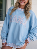Sweatshirt Wanita Oversize Mockneck Garment Dyed 3D Puff Print Katun Fleece Pullover Jumper Atasan Kasual