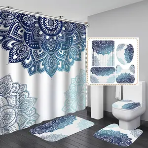 زخرف زهور تركية طراز الحناء العرقي ماندالا مطبوعة باللون الأزرق والأبيض حمام طقم ستائر حمام