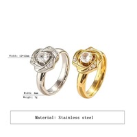Bague Fleur Rose en Acier Inoxydable avec Zircon Cubique Transparent 12mm, Bague Florale Tendance pour Femme, En Stock
