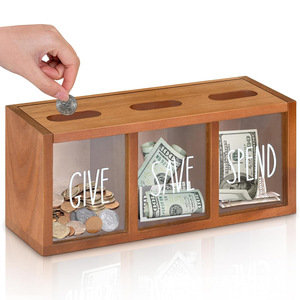 Hucha de madera transfronteriza para niños con compartimentos, transparente para monedas y billetes, de madera maciza transparente para billetes. - Product Image 2