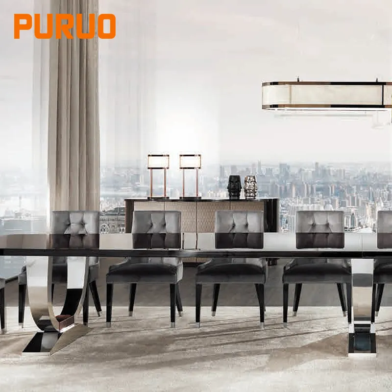 PURUO luxury family with 6 chairs furnitures dinners room set metal stainless steel marble top dining table base