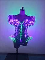 Combinaison Métallique Lumineuse à LED RGB, Tenue Sculptée à Épaules Bouffantes, Costume Lumineux pour Danseuse GOGO de Boîte de Nuit et Défilé Scénique