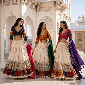 Lehenga Choli traditionnel indien pakistanais pour femmes, brodé, longueur au sol, coupe ample, vêtements de mariage, coton extensible - Product Image 1