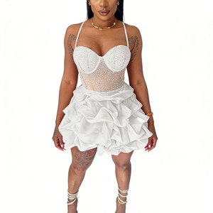 Robes de soirée sexy ajustées pour femmes, ornées de strass, extensibles, sans bretelles, à col halter et à volants, tendance - Product Image 6