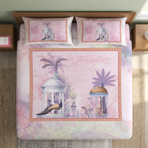 Pure <b>Satin</b> King Quilt <b>Set</b> Pastel Peacock Printed Solid Classic Style 2 Pillow Covers 300TC Knitted Organic Cooling Super Premium - Product Image 2