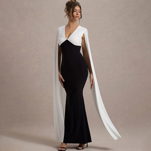 Vestido de Noche con Cuello en V, Sin Mangas, Ajustado, Maxi, con Contraste de Color, Capas Transparentes, Falda Larga, Cintura Natural - Product Image 3