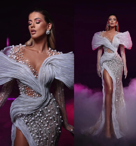 Prix usine 2025 nouvelle robe de soirée en perles de luxe élégante à la main plissée fente Sexy dentelle mariage - Product Image 2