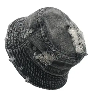 Großhandel Sommer Broken Hole Schwere Denim Baumwolle Vintage Frauen Männer Erwachsene Abgenutzte gewaschene Eimer Hut
