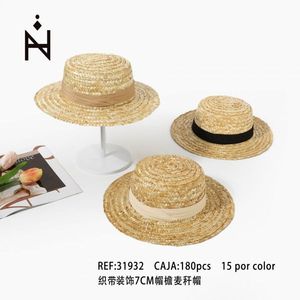 Cappello di paglia con bordo largo decorato con nastro da 7 cm, protezione solare estiva - Product Image 2