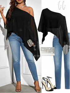 New Fashion Women's <strong>Black</strong> One Shoulder <strong>Top</strong> Asymmetrical Sheer Chiffon Poncho Style <strong>Batwing</strong> Sleeve Loose Polyester Eco-Friendly - Product Image 3