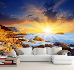 Tranquille côtier coucher de soleil 3d papier peint décoration de la maison Rocky Shore & Sunburst Relaxation murale personnalisée - Product Image 2