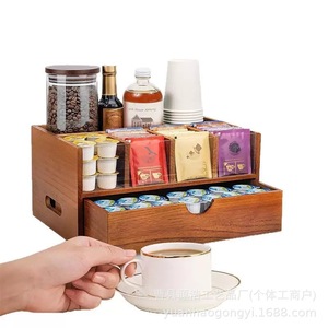 Wooden Double Layered Compartmentalized Desk Organizer With <b>Drawer</b> For Tea Coffee <b>Storage</b> Rectangle Solid Color Office Organizer - Product Image 2