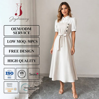 Robe chemise élégante Joydressing effet deux pièces, manches courtes bouffantes, col à revers, coupe trapèze, longueur midi, pour le bureau, vente en gros, personnalisable