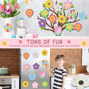 Flor ahuecada de madera DIY sin terminar, decoración de flores de colores DIY, regalo de fiesta escolar Familiar de Primavera - Product Image 4