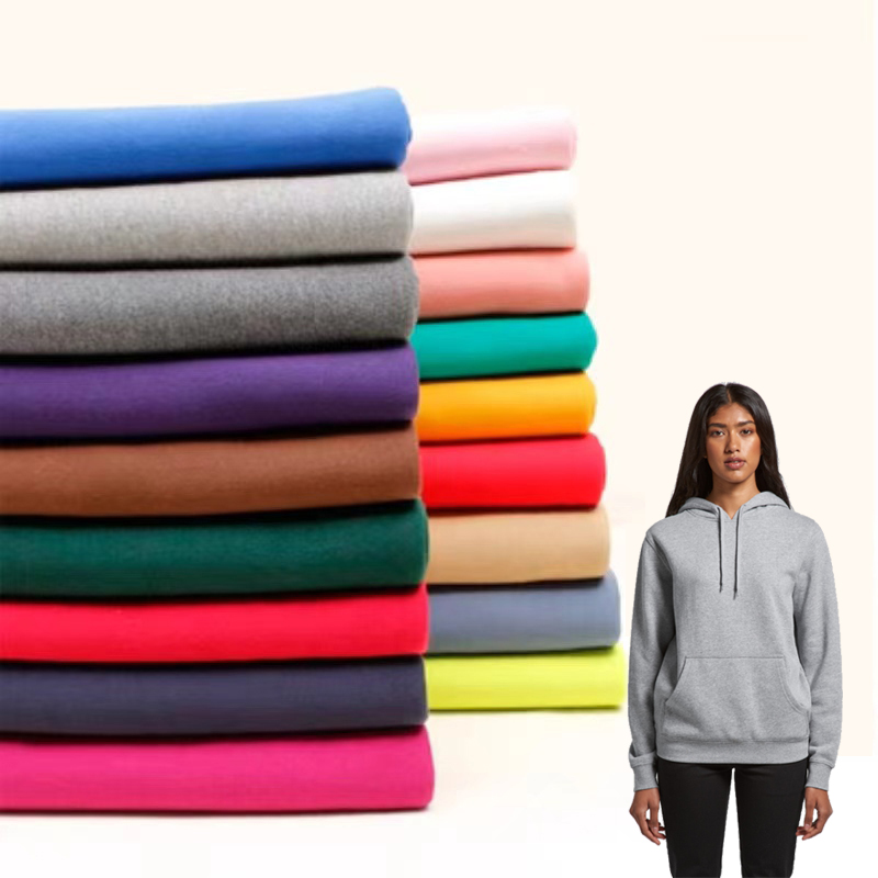 Düz boyalı kalın örme fransız Terry Hoodies bez kumaş tedarikçisi 100% polyester fransız Terry döngü kumaş