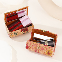 Étui à rouge à lèvres vintage en liège avec miroir, imprimé floral, fermeture à pression, doublure en velours, compact, portable, pour le voyage