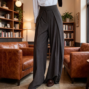 <span class=keywords><strong>Pantalon</strong></span> de Costume Formel Plissé à Rayures Taille Haute Vintage Ample et Élégant pour <span class=keywords><strong>Femme</strong></span>, Coupe Décontractée, Personnalisé OEM - Product Image 1