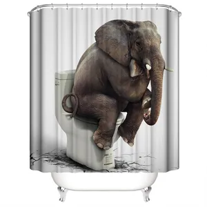 浴室浴帘衬垫搞笑大象坐在马桶上印花防水涤纶织物浴帘