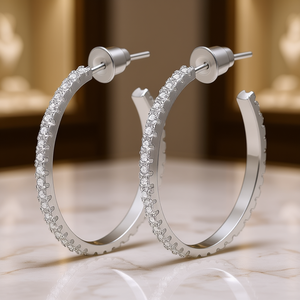 Orecchini a Cerchio in Oro Bianco E3553 con Cristalli e Strass, Montatura a Canale, Classici da Donna per Uso Quotidiano - Product Image 2