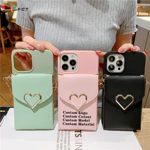 Custom Women Sling Lanyard Chain Coin Wallet Case Leather Mobile Phone Bag Cover For Coque iPhone 13 14 Card Holder Purse Case