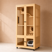 Villa pour chat en bois d'intérieur avec bac à litière, meuble pour chat à plusieurs niveaux, meuble pour chat sur roulettes