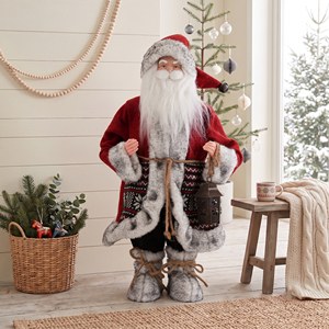 Snow Tipped <b>Fur</b> <b>Trim</b> Santa Claus Figure with Iron Lantern for Alpine Cabin Christmas Decoration - Product Image 1