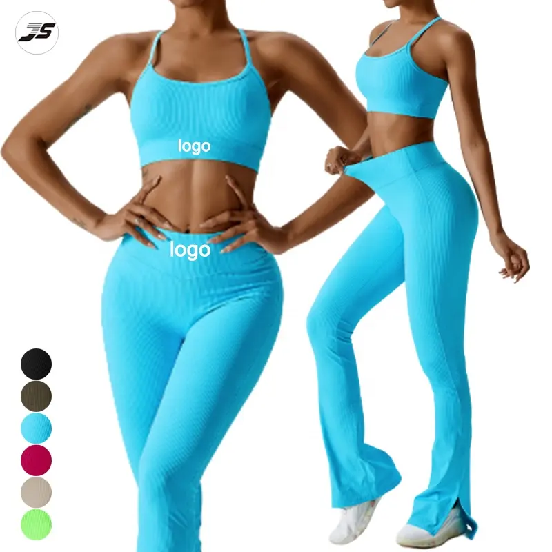 Custom logo Active Wear Flared Leggings Yoga Set Sexy Sports Bra Top High Waist Sports Pant Set For Women Gym Fitness Wear