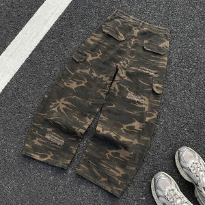 Katoenen vintage camouflage streetwear hoge kwaliteit wijde broek met wijde pijpen, <span class=keywords><strong>cargo</strong></span> broek met trekkoord, canvas custom broek met logo, heren casual - Product Image 2