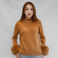 Pull en laine élégant et léger pour femmes, avec poignets en fourrure de renard véritable, pull d'hiver en tricot sans couture