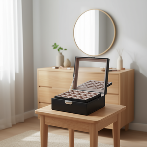 Boîte à bijoux à 3 niveaux en cuir, organisateur de rangement avec compartiments à grille pour l'affichage et l'organisation des bijoux, style moderne - Product Image 2